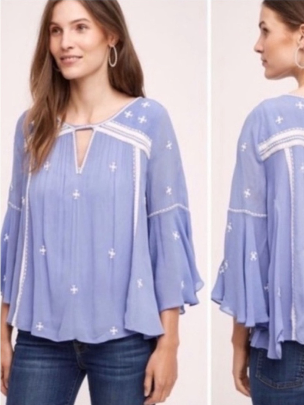 Anthropologie Lavender Blue Embroidered Peasant Blouse